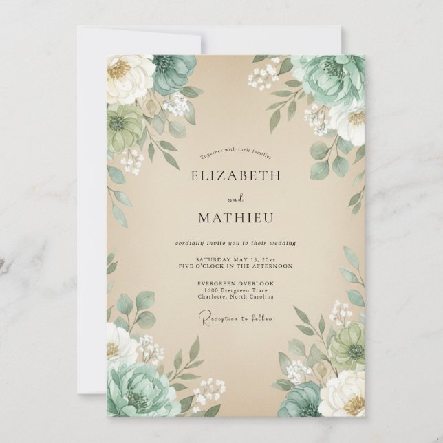Invitación Boda de champán con follaje de menta y eucalipto (Anverso)