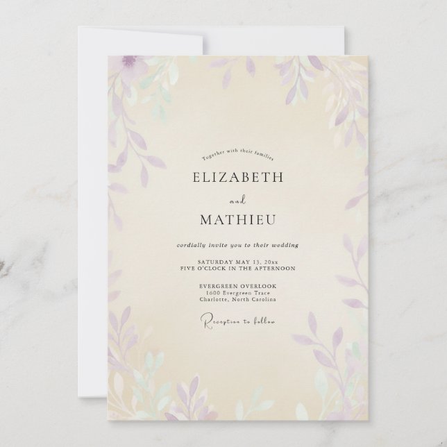 Invitación Boda de champán con follaje de violeta y eucalipto (Anverso)