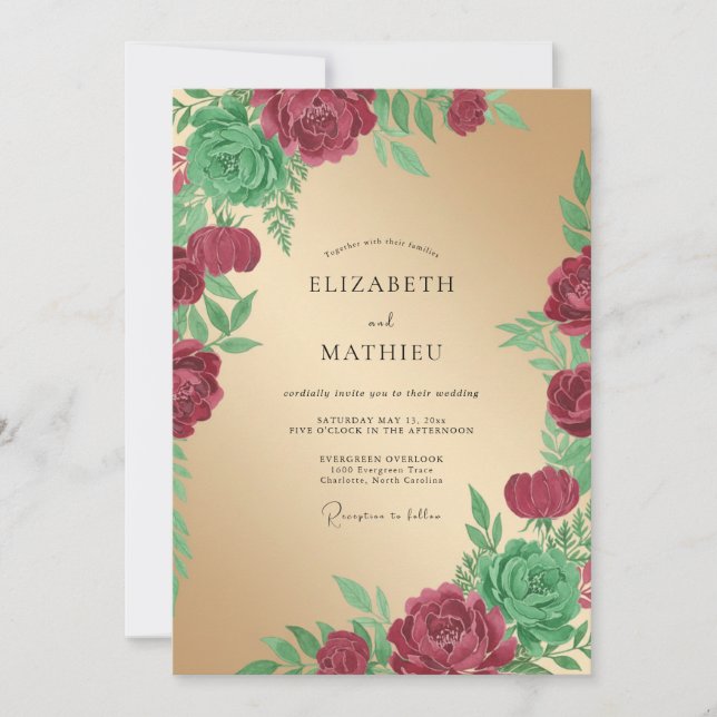 Invitación Boda de champán con hojas granate (Anverso)