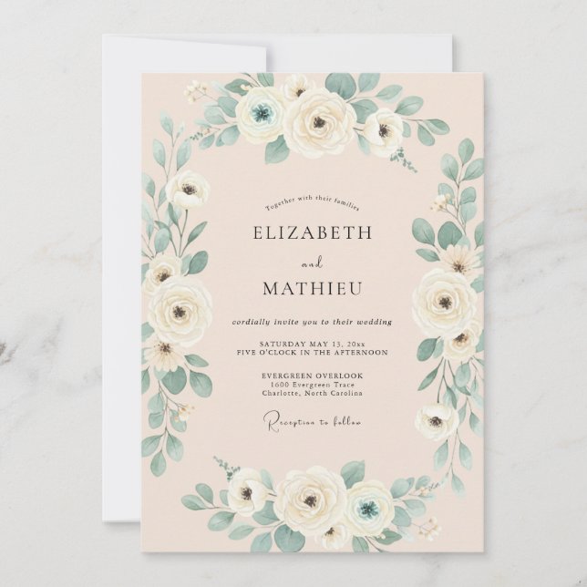 Invitación Boda de champán, espuma de mar y eucalipto (Anverso)