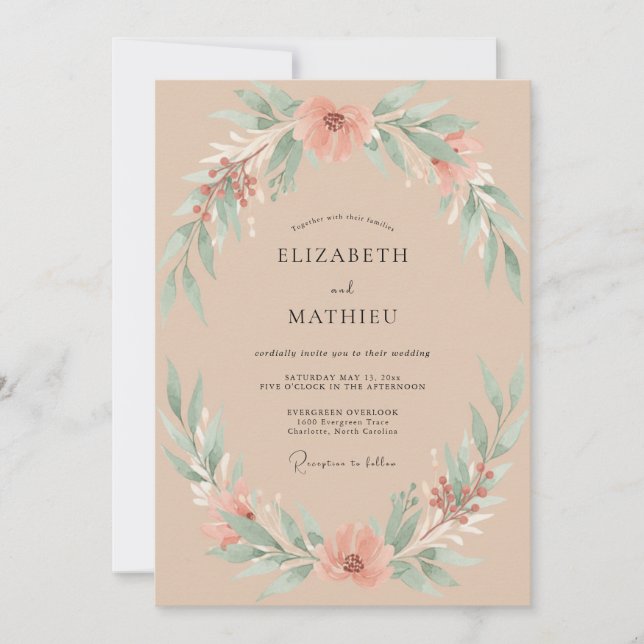 Invitación Boda de champán melocotón follaje eucalipto (Anverso)