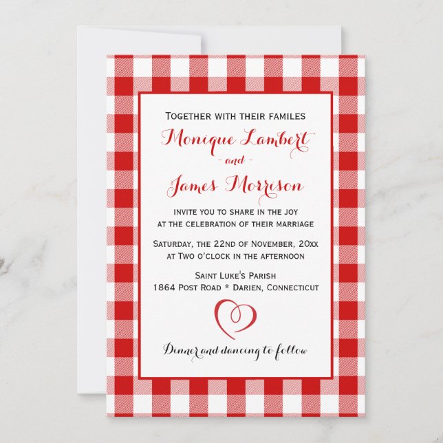 Invitación Boda de Cheques Rojos y Blancos de Gingham (Anverso)