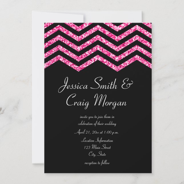 Invitación Boda de Chevron de Brillo Rosa Caliente Falso y Ne (Anverso)