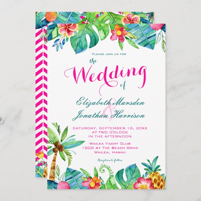 Invitación Boda de Chevron floral Verde azulado y rosa de Ber (Anverso / Reverso)