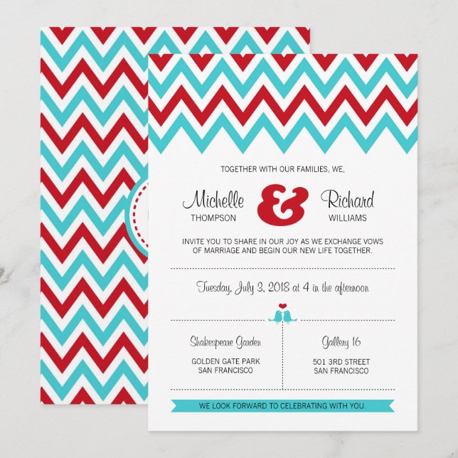 Invitación Boda de Chevron & Lovebirds Rojo y Aqua (Anverso / Reverso)