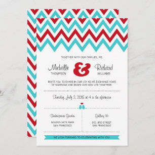 Invitación Boda de Chevron & Lovebirds Rojo y Aqua