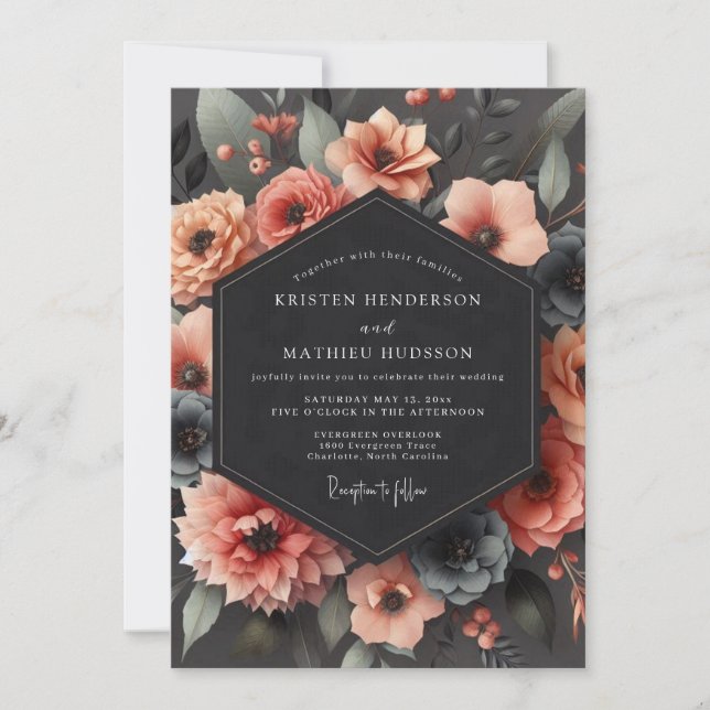 Invitación Boda de Chiaroscuro de Coral de Carbón (Anverso)