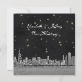 Invitación Boda de Chicago Skyline Black Gold Star SQ