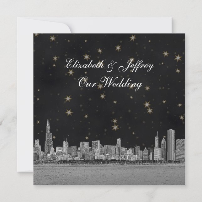 Invitación Boda de Chicago Skyline Black Gold Star SQ (Anverso)