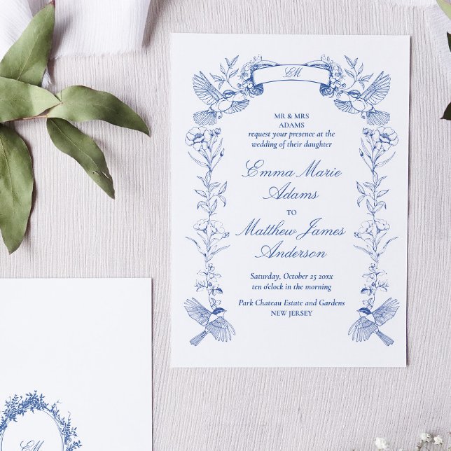 Invitación Boda de Chinoisería Floral Azul (Blue toile chinoiserie wedding invitation with birds and flowers in victorian frame)