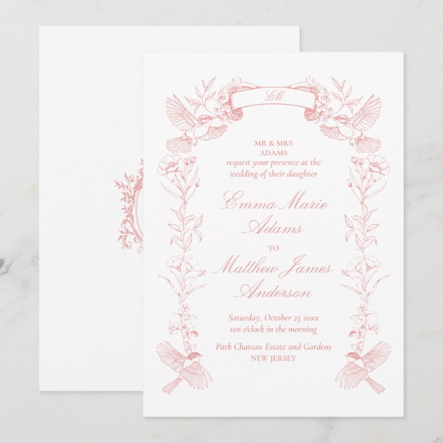 Invitación Boda de Chinoisería Floral Rosa (Anverso / Reverso)
