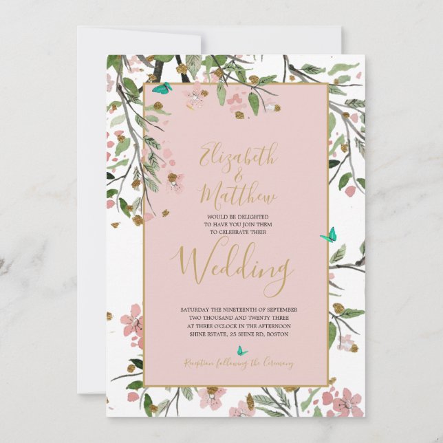 Invitación Boda de Chinoiserie floral elegante rosa dorado (Reverso)