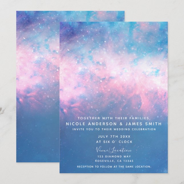 Invitación Boda de cielo de algodón de azúcar cósmico estrell (Anverso / Reverso)