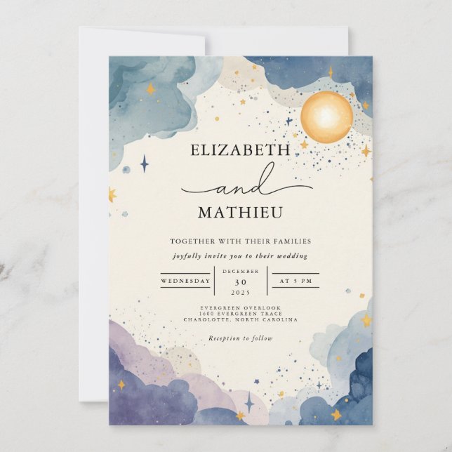 Invitación Boda de cielo de color de agua celeste (Anverso)