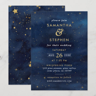 Invitación Boda de cielo nocturno estrellado con acuarela azu
