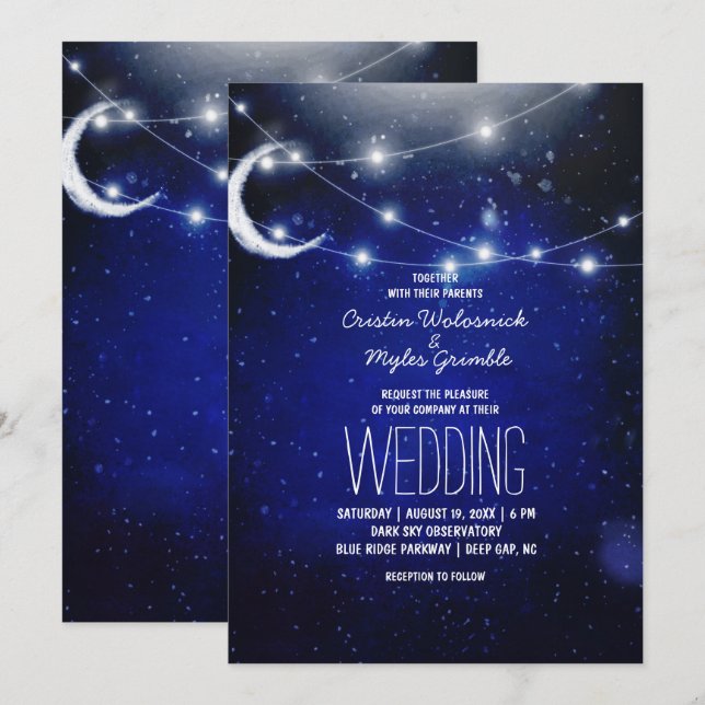 Invitación Boda de cielo nocturno | Luces de cadena (Anverso / Reverso)