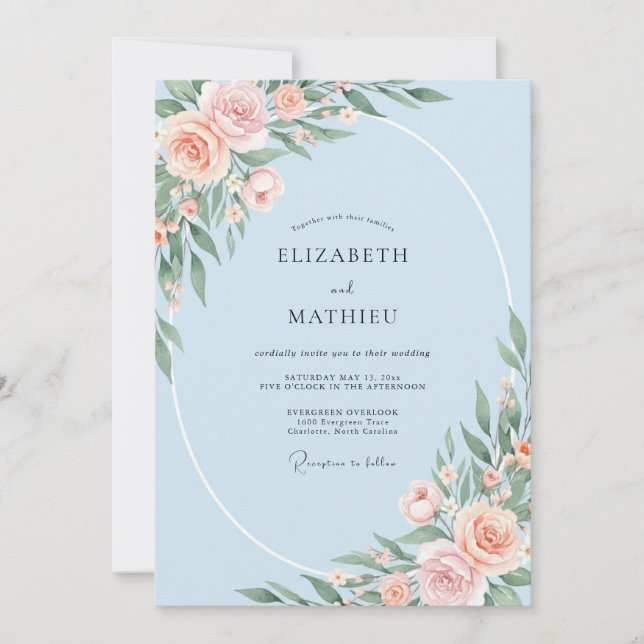 Invitación Boda de cielo suave melocotón peonía (Anverso)