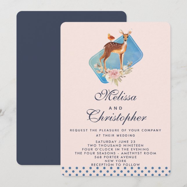Invitación Boda de ciervo de acuarela marrón lindo (Anverso / Reverso)