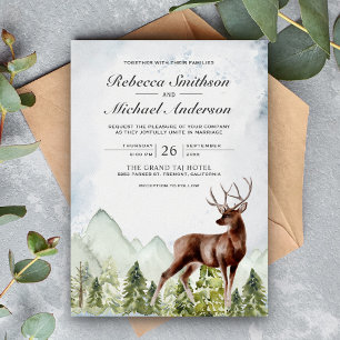 Invitación Boda de ciervo en el bosque de montaña con acuarel