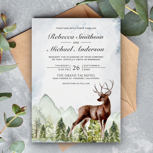Invitación Boda de ciervo en el bosque de montaña con acuarel (Subido por el creador)