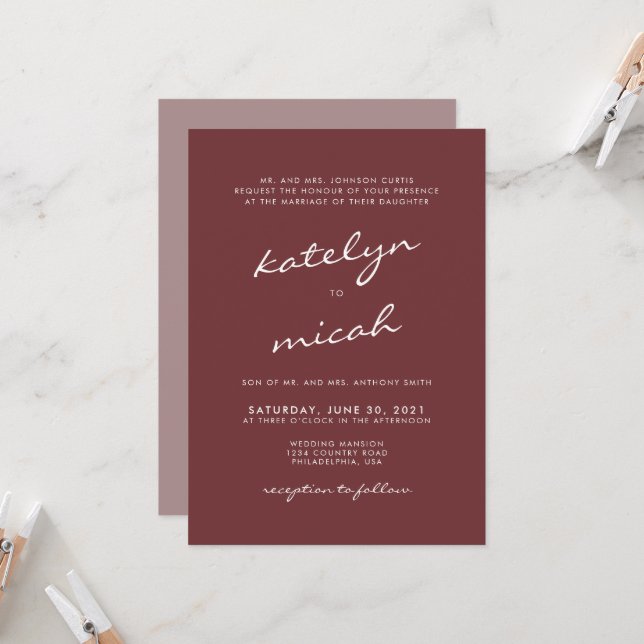 Invitación Boda de cine Rosa de caligrafía minimalista (Anverso/Reverso In Situ)