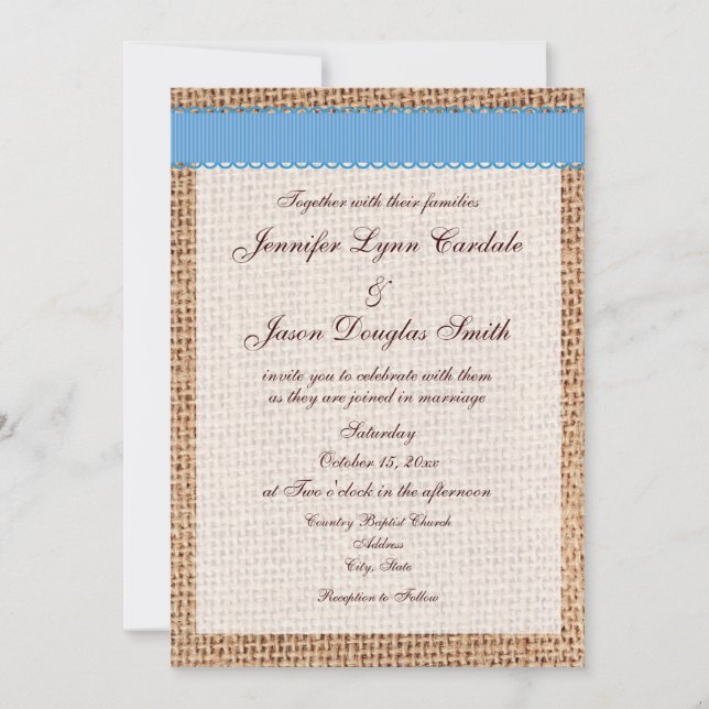 Invitación Boda de cinta azul Burlap impresa en un país ruso (Anverso)