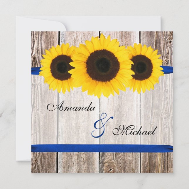 Invitación Boda de cinta azul de madera de girasol (Anverso)