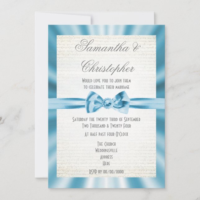 Invitación Boda de cinta azul pálido (Anverso)