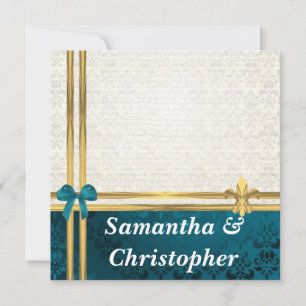 Invitación boda de cinta azul y crema verde azulada y oro
