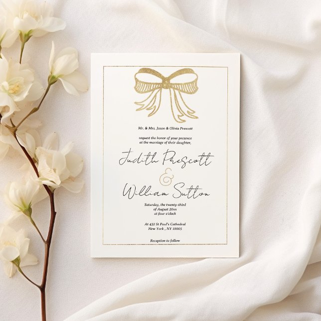 Invitación Boda de cinta blanca simple de purpurina dorado (Simple white gold glitter bow ribbon Wedding )
