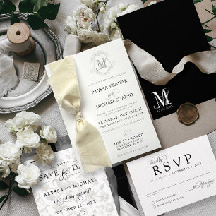 Invitación Boda de cinta de Escudo de color blanco y negro si