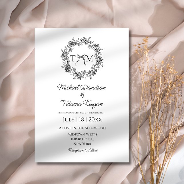 Invitación boda de cinta floral botánica monogramo clásico (Subido por el creador)