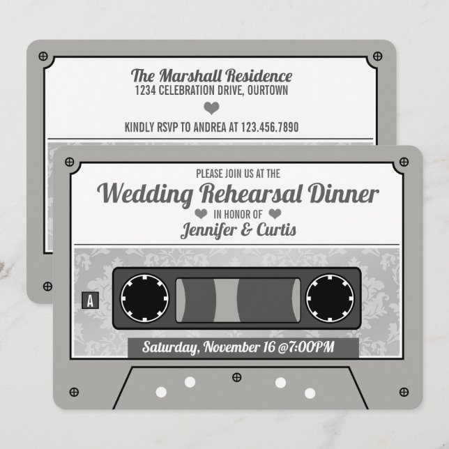 Invitación Boda de cinta retro ensayo Cena (Anverso / Reverso)