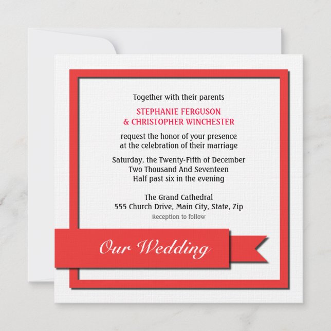 Invitación Boda de cinta roja (Anverso)