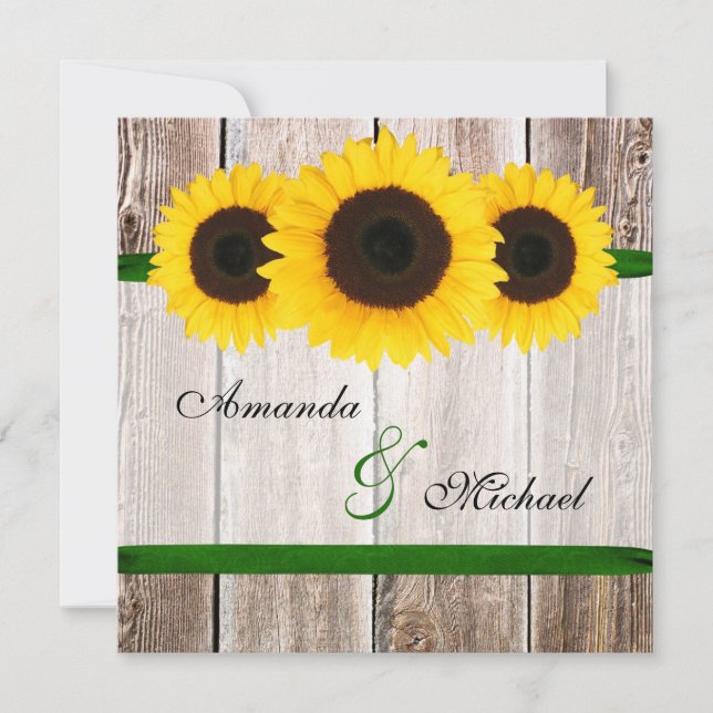 Invitación Boda de cinta verde de madera de girasol (Anverso)