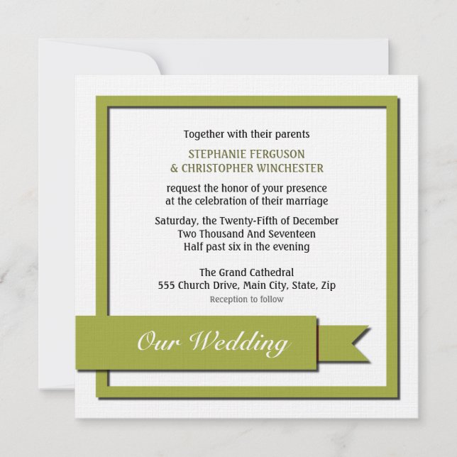 Invitación Boda de cinta verde oliva (Anverso)