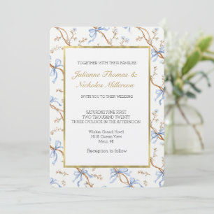 Invitación Boda de cintas azules doradas elegantes