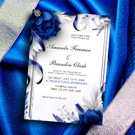 Invitación Boda de cintas de flores azules y plateadas de la