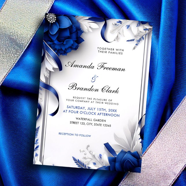 Invitación Boda de cintas de flores azules y plateadas de la  (Subido por el creador)