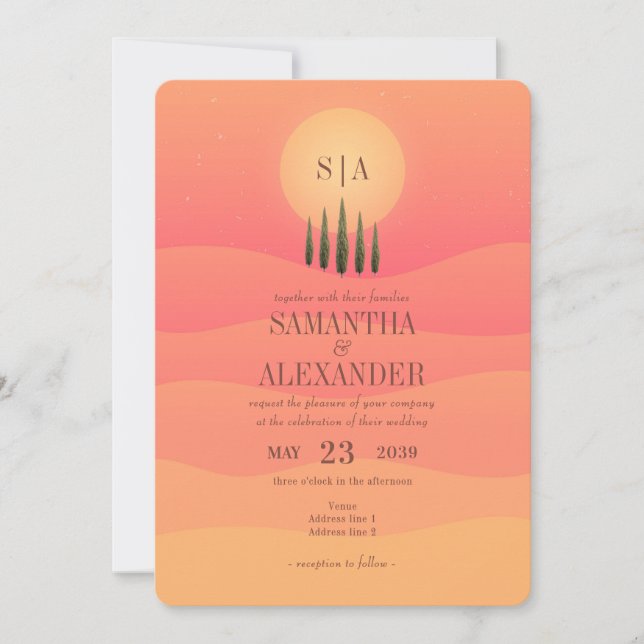Invitación Boda de cipreses toscanos campestres al atardecer (Anverso)