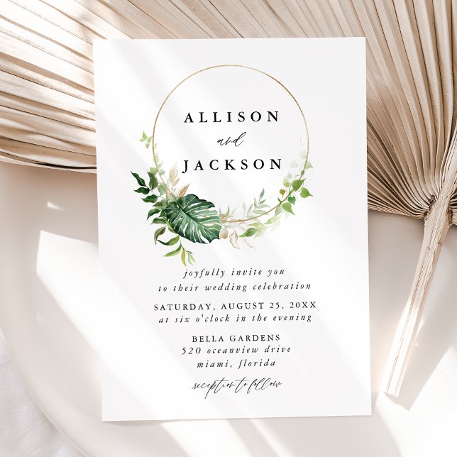 Invitación Boda de Círculo de Oro de Hojas Tropicales Moderna (Subido por el creador)