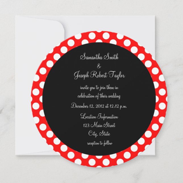 Invitación Boda de círculo negro con lunares rojos y blancos (Anverso)