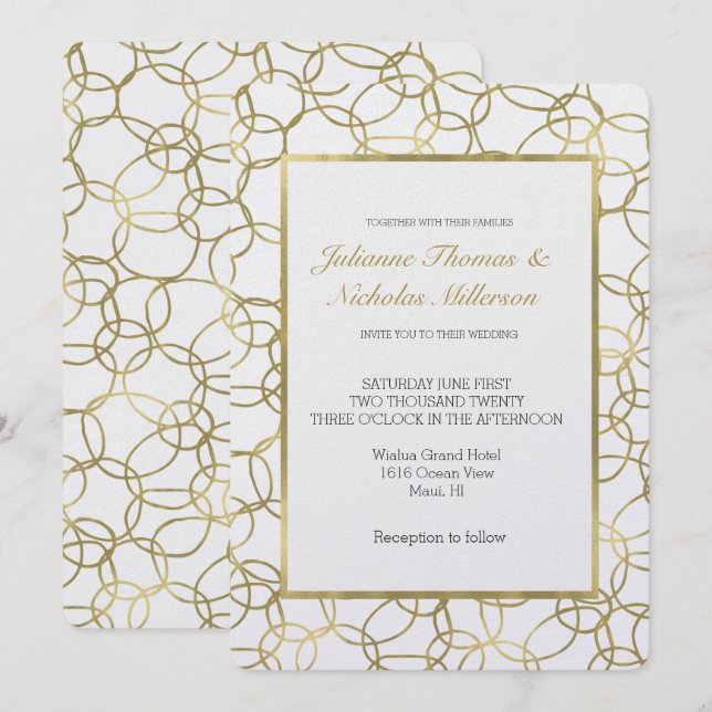 Invitación Boda de Círculos de Estilo Glam de Oro Blanco (Anverso / Reverso)