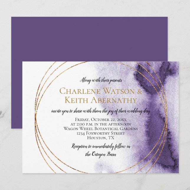 Invitación Boda de Círculos de Oro Púrpura Ultra Violeta Mode (Anverso / Reverso)