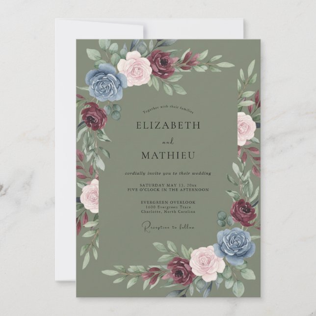 Invitación Boda de ciruela aceituna peonía (Anverso)