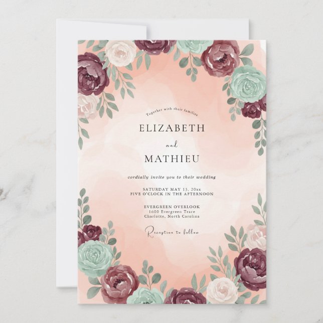Invitación Boda de ciruela, eucalipto y espuma de mar (Anverso)