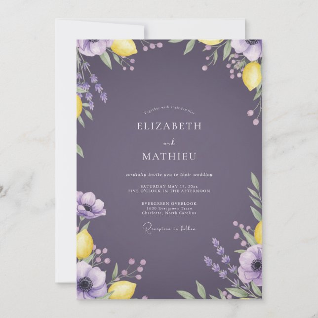 Invitación Boda de ciruela limón lavanda eucalipto (Anverso)