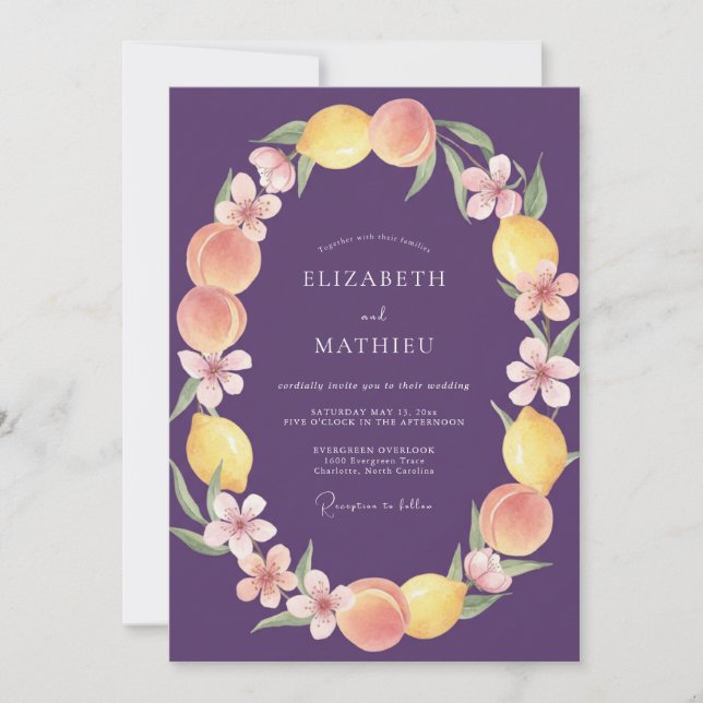 Invitación Boda de ciruela limón melocotón eucalipto (Anverso)