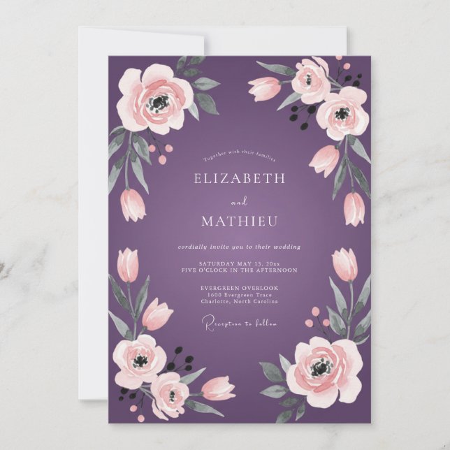 Invitación Boda de ciruela melocotón ranúnculo eucalipto (Anverso)