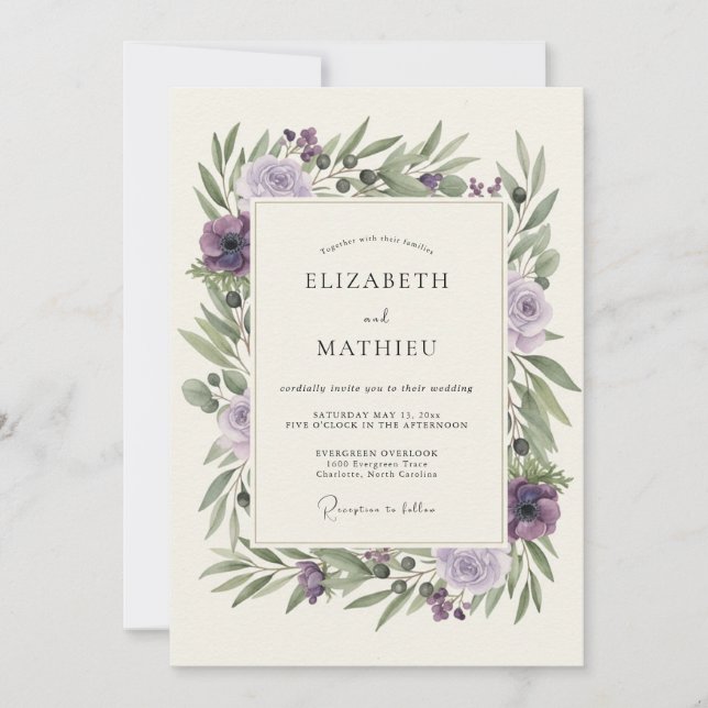 Invitación Boda de ciruela oliva peonía (Anverso)
